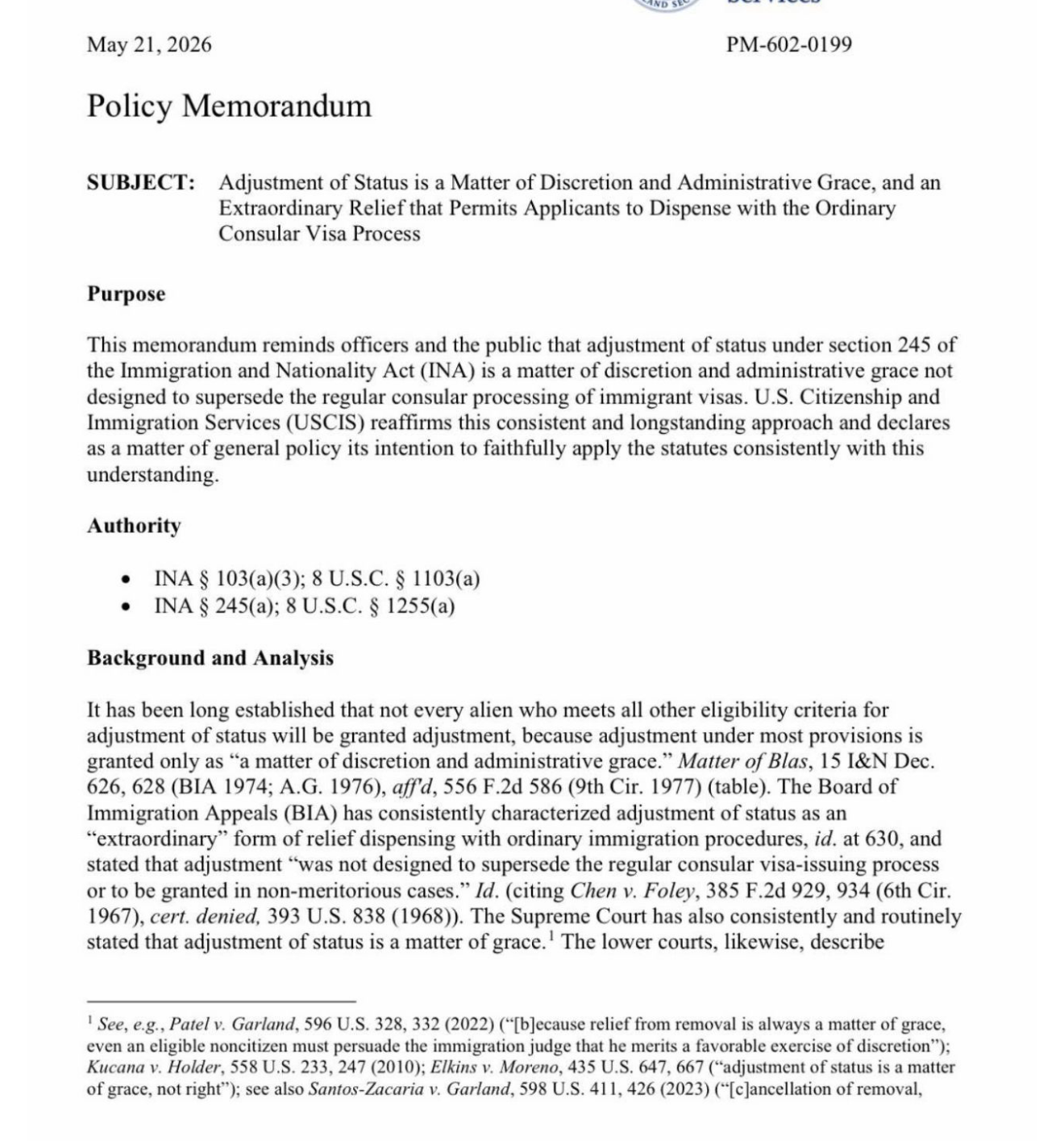 Policy Memorandum A document titled "Policy Memorandum" from USCIS discussing the adjustment of status and administrative grace, with sections on purpose, background, and analysis, including citations of relevant legal cases.